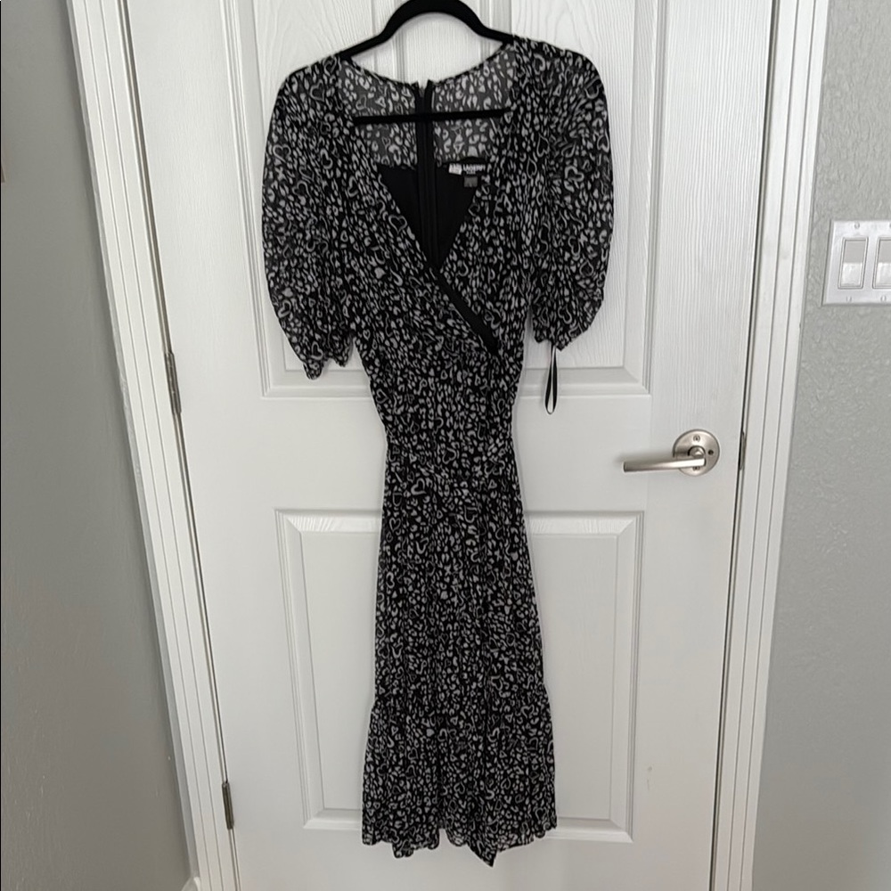 Karl Lagerfeld Black and White Midi Dress V-Neck Puff Sleeves